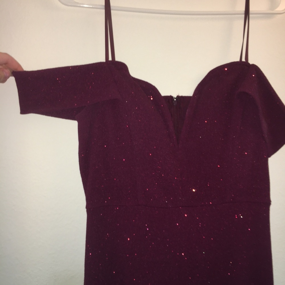 Floor length burgundy sparkle dress
